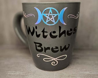 Witches Brew Triple Moon Black & Rainbow Metallic on Gray Coffee Mug Cup
