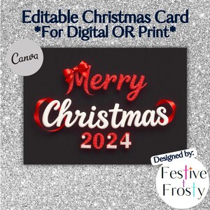 Cartão de Natal editável "Feliz Natal 2024" | 7x5 editável no Canva | Cartão digital | Fitas vermelhas e laço | Cartão de Natal divertido e glamoroso