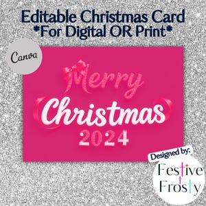 Cartão de Natal editável "Feliz Natal 2024" | 7x5 editável no Canva | Cartão digital | Fitas e laços cor-de-rosa | Cartão de Natal divertido e glamoroso