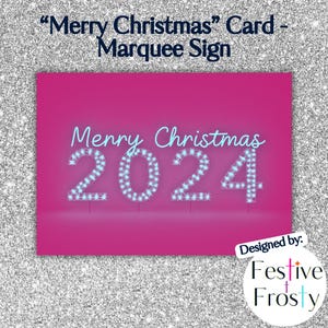Cartão de letreiro de Natal Feliz 2024 | Fácil de imprimir 7x5 | Letreiro de luz rosa | Cartão de felicitações para impressão | Cartão de Natal divertido