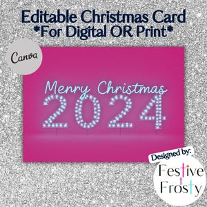 Cartão de Natal editável com letreiro "Feliz Natal 2024" | 7x5 editável no Canva | Cartão digital | Letreiro iluminado | Cartão de Natal rosa divertido