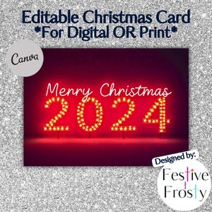 Cartão de Natal editável com letreiro "Feliz Natal 2024" | 7x5 editável no Canva | Cartão digital | Letreiro iluminado | Cartão de Natal divertido