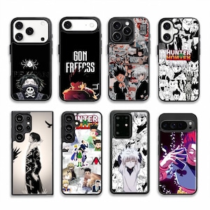 May include: Eight smartphone cases featuring various Hunter x Hunter anime character designs, including Gon Freecss, Killua Zoldyck, and Hisoka. The cases display black, white, and colorful graphic prints with manga panels, character portraits, and text.