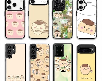May include: Eight smartphone cases featuring various cartoon character designs. The cases display illustrations of a small, round, brown-topped creature in different poses, some with text, against backgrounds of pink, beige, green, and yellow.