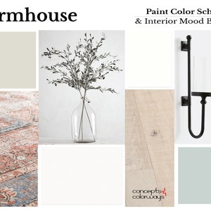 Pre-selected Modern Farmhouse Home Paint Color Palette with Coordinating Finish Options that Coordinate with Sherwin Williams Silvermist