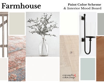 Pre-selected Modern Farmhouse Home Paint Color Palette with Coordinating Finish Options that Coordinate with Sherwin Williams Silvermist