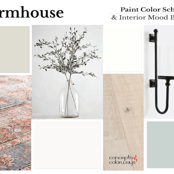 Pre-selected Modern Farmhouse Home Paint Color Palette with Coordinating Finish Options that Coordinate with Sherwin Williams Silvermist