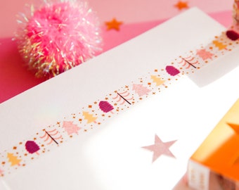 Christmas Trees & Golden Foil Stars Washi Pink Yellow Red Peach