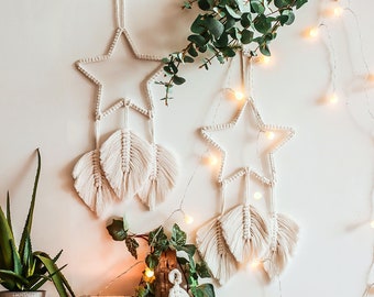 Macrame Wall Hanging, Boho Chic Rustic Star and Leaf Decor, Home Accents Wall Art, Aesthetic Handmade Dream Catcher