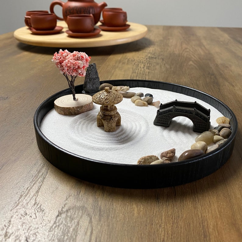 Serene Tranquil Zen Garden Set, Elegant Sand Tray, Peaceful Harmonious Office Desk Decor image 7