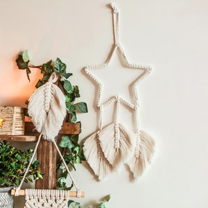 Macrame Wall Hanging, Boho Chic Rustic Star and Leaf Decor, Home Accents Wall Art, Aesthetic Handmade Dream Catcher image 2