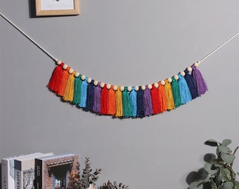 Rainbow Tassel Garland with Wood Beads, Boho Chic Decor Room Ornament, Vibrant Color Accent  for Kitchen, Living Room, Girls Room, 24” x 4”