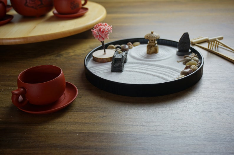 Serene Tranquil Zen Garden Set, Elegant Sand Tray, Peaceful Harmonious Office Desk Decor image 2