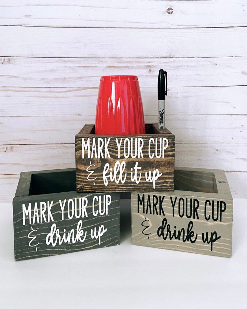 Mark Your Cup/Party Cup Holder/Red Solo Cup Holder/Cup Caddy/Wood Caddy/Hand Painted/dark walnut /drink up white