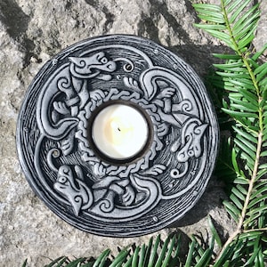 Around the Flame — Celtic style candleholder with dogs from Book Of Kells