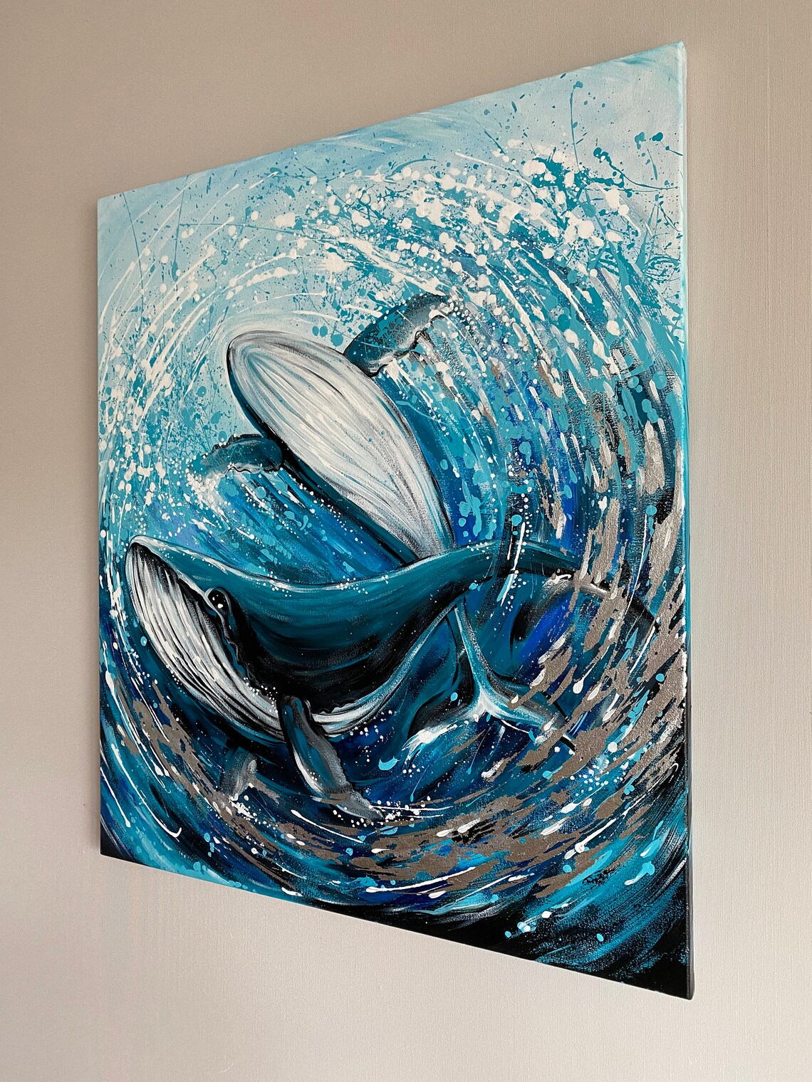 Original acrylic painting Whales in Waves Stormy Etsy