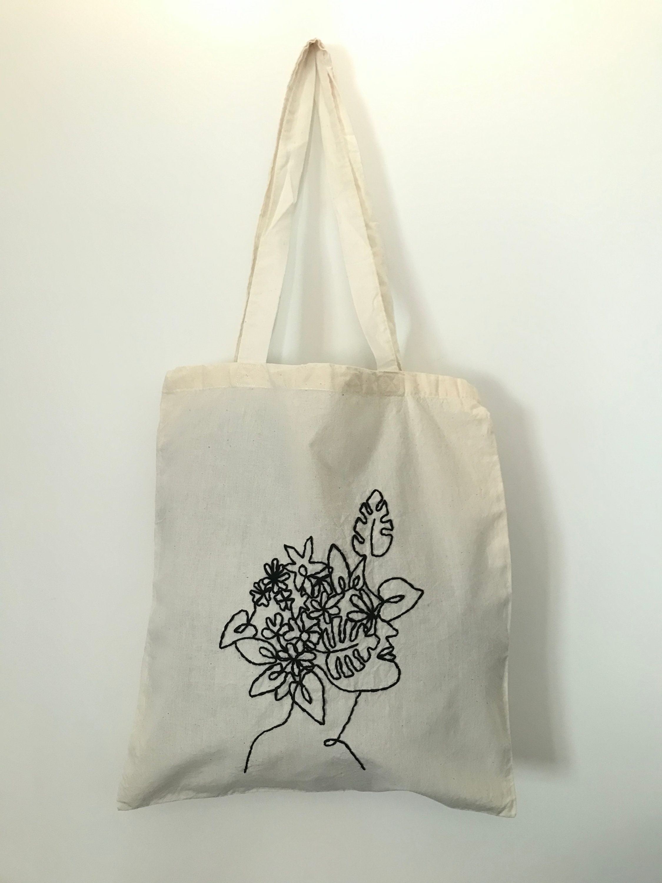 Canvas Tote Bag with Botanical Woman Hand Embroidery Etsy