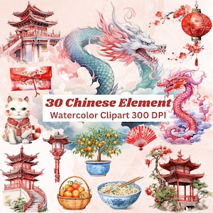 Chinese lantaarns, aquarel cliparts, Chinese illustratie, Luna New Year 2024, digitale download, draken, Chinees eten, kaarten maken