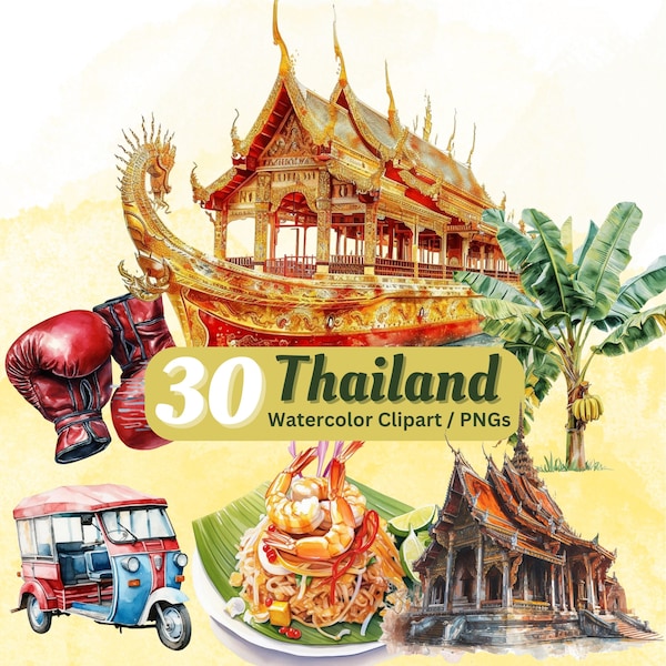Thailand, Thailand poster, Watercolor Element, PNGs, Asia, Culture, Pad Thai, Mango Sticky rice, Bangkok, Tuk-Tuk, Asian, Temple, Elephant