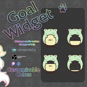 May include: A customizable goal widget with a frog design. The widget shows progress towards goals for subscribers, followers, donations, and bits. The widget is made with Streamlabs and has customizable colors.