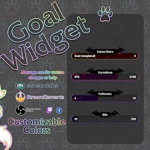 May include: A customizable goal widget with a black and red color scheme. The widget displays progress bars for subscribers, donations, followers, and bits. The text "Goal Completed!" is displayed above the subscribers progress bar. The widget is designed for use on Twitch or other streaming platforms.