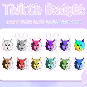 Pode incluir: Um conjunto de emblemas Twitch com designs de cabeça de lobo em várias cores, como cinza, rosa e roxo. O texto "Twitch Badges" é exibido acima, com as dimensões abaixo. Um pequeno círculo com "Ready to use" está no canto inferior direito.