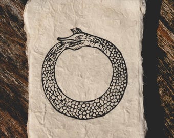 Ouroboros Linocut Print: Handprinted Symbolic Art on Lokta Paper