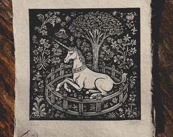 Unicorn in Captivity Art Print: Medieval Gothic Linocut on Lokta Paper