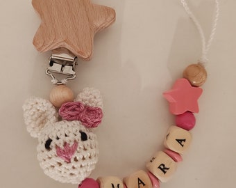 Schnullerkette mit Wunschname Junge Mädchen Hase Herz Stern rosa pink Holz Name Ostern Geschenk Baby shower Party zur Geburt