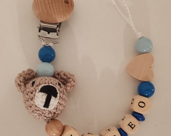 Schnullerkette mit Wunschname Junge Mädchen Teddy Bär Herz Stern blau Holz Name Ostern Geschenk Baby shower Party zur Geburt