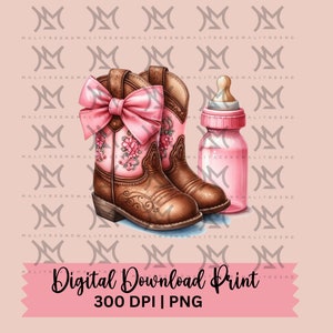 May include: A pair of brown cowboy boots with pink floral embroidery and a pink bow. A pink baby bottle is next to the boots.