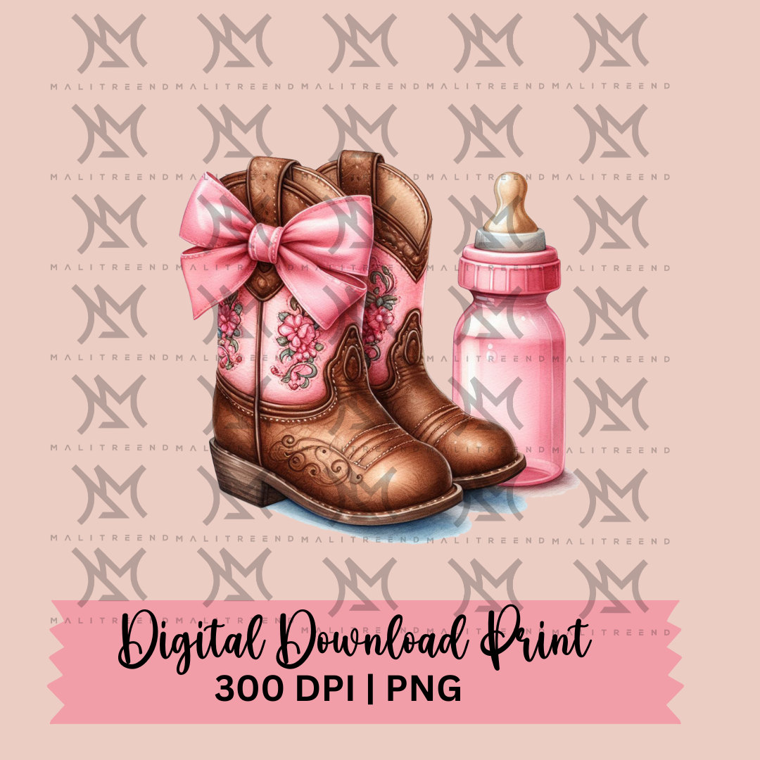 Baby Cowboy Boots Coquette PNG: Pink & Blue Bow (Digital Download)
