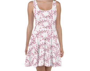Vestido con flores de cerezo / XS - 3XL / Blanco / Tallas grandes disponibles / Flores de cerezo japonesas / Rosa