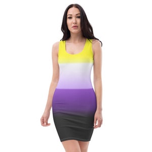 May include: A sleeveless dress with a gradient design in yellow, white, purple, and black. The dress is fitted and has a scoop neck.