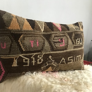 12x20 turkish carpet pillow - decorative throw pillow - vintage kilim pillow - handmade kilim pillow - handmade anatolian tribal rugs pillow