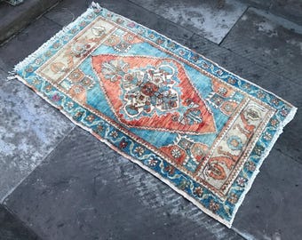 1.9x3 ft  vintage small rug -  bathroom rug - doormat rug - small indigo blue rug - kurdish rug - turkish rug - handknotted rug GİFT RUG