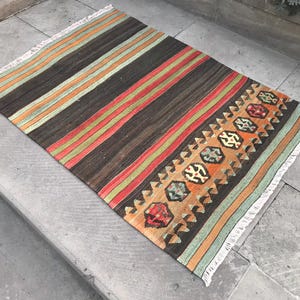 small turkish kilim rug - turkish  striped kilim rug -  farmhouse rug - vintage small rug - home decor wool rug - bathroom rug 2.8 x 3.6 ft