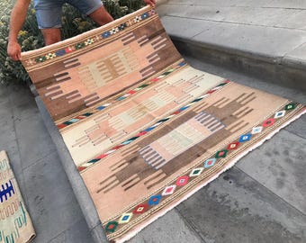 Vintage Turkish Kilim Rug: Pastel Oushak Wool, 3.5x4.2 ft