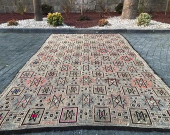 Large Turkish Kilim Rug: Vintage Striped Saloon Rug (5.10x8.6 ft)