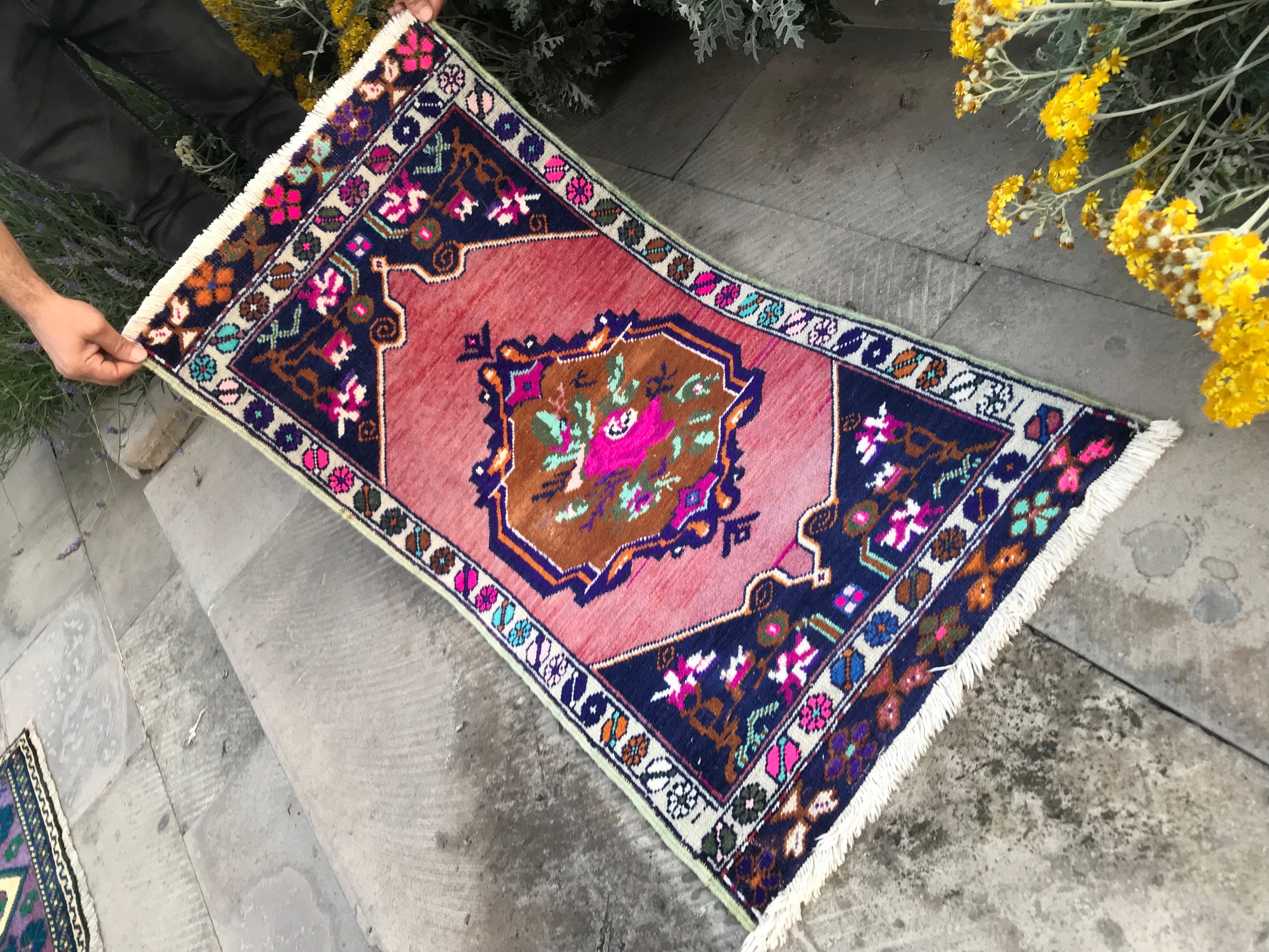 turkish small purple rug - vintage doormat rug - handmade bathroom rug - home decor small rug - entrance wool rug - 1.9x3.5 ft small giftrug
