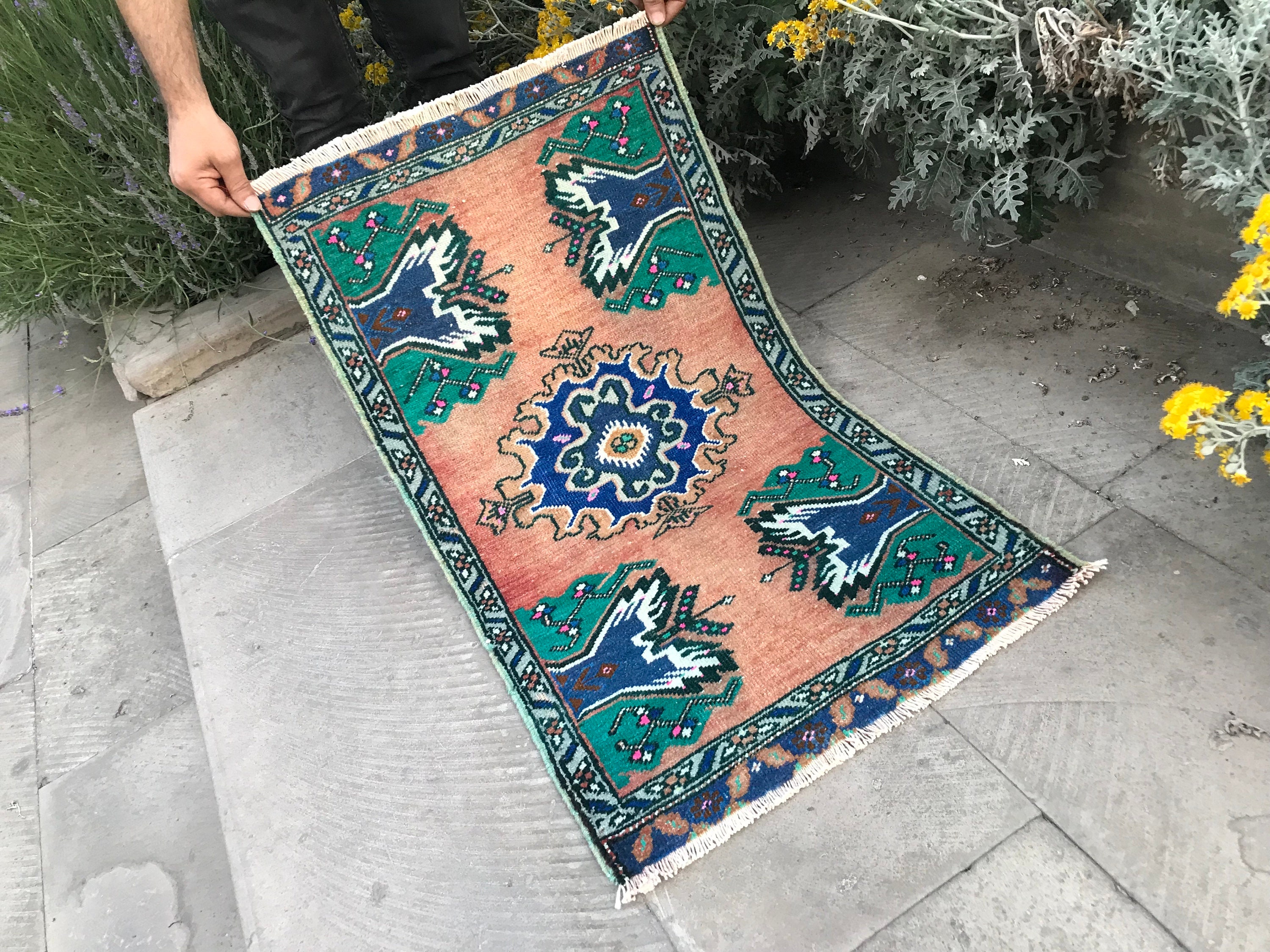 Vintage Turkish Doormat Rug: Handknotted Wool Small Rug (1.9x3.2 ft)