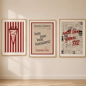 May include: Three framed wall art prints. The left print features red vertical stripes and a white Indiana pennant. The center print is a beige guest check with the text "hoo hoo hoo, hoosiers!" and "THANK YOU". The right print has a newspaper collage background with the red text "with love from 812".