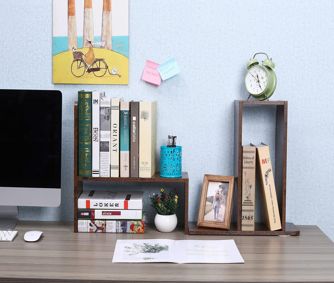 Wood Small Desk Shelves Adjustable Mini Desktop Bookshelf Etsy