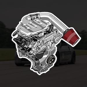 Pode incluir: Ilustração detalhada de um motor de carro com uma admissão prateada e um filtro de ar vermelho. O motor é retratado em tons de cinza com um contorno branco, em um fundo desfocado de uma estrada e um carro.