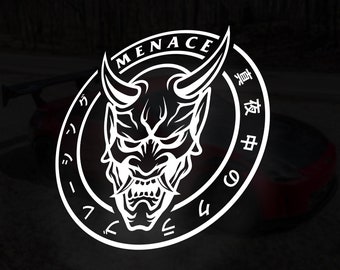 MENACE JDM Oni Mask Vinyl Decal | Japanese Text Banner Exhaust Ninja Street Racing Turbo Funny Drift Decal Meme