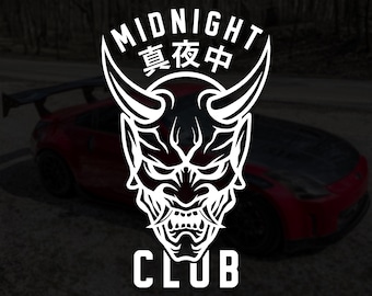 JDM Oni Mask Midnight Club Vinyl Decal | Japanese Text Banner Exhaust Ninja Street Racing Turbo Funny Drift Decal Meme