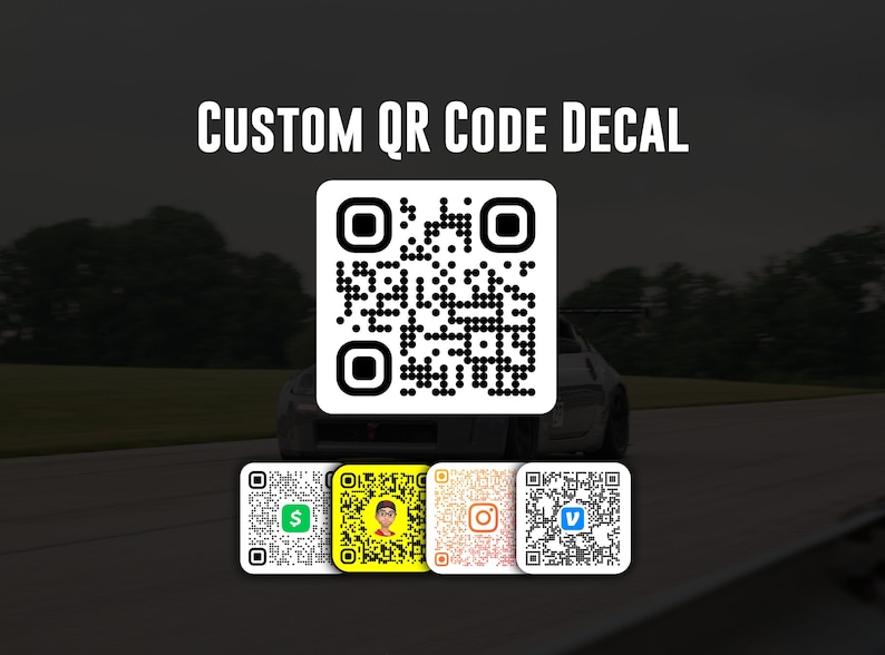 May include: Custom QR code decal with a black and white QR code design. The decal is shown on a silver car. Below the main QR code are four smaller QR codes with different colors and designs.