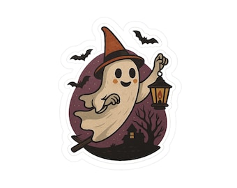 May include: A Halloween sticker showing a cartoon ghost in a witch's hat, holding a lantern. The ghost is set against a purple backdrop with bats, a spooky tree, and a house, perfect for Halloween.