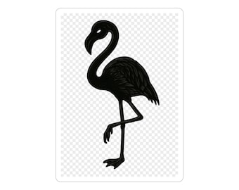 Peut inclure: Autocollant noir représentant un flamant rose. L'illustration détaillée montre le flamant sur une patte, la tête et le bec courbés. Bordure blanche et fond transparent.