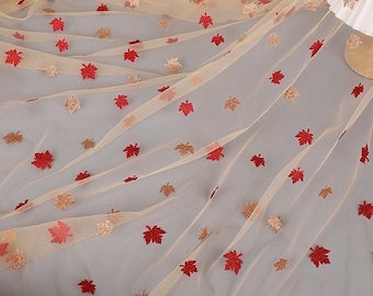 Autumn Glitter Maple Leaves Tulle Fabric: Dresses Garments Party Stage Decor Mesh, By the Yard